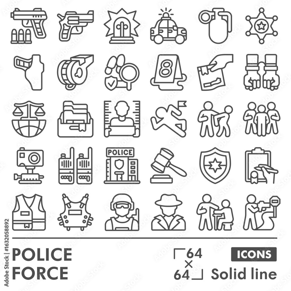 Poster police force symbols collection or sketches, law and order theme in line style signs for web and app