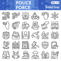 Police force symbols collection or sketches, law and order theme in line style signs for web and app. Vector graphics isolated on white background.