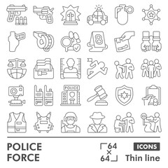 Police force symbols collection or sketches, law and order theme in thin line style signs for web and app. Vector graphics isolated on white background.