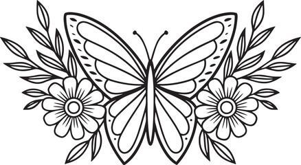 Fototapeta premium Butterfly with flowers and leaves outline drawing floral