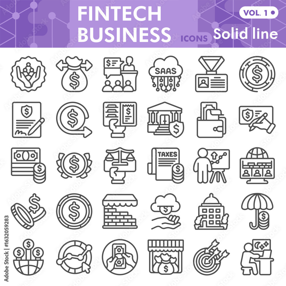 Aufkleber fintech business symbols collection or sketches, financial theme in line style signs for web and app