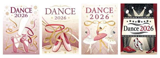 Set of four posters featuring ballet and jazz shoes celebrating Dance 2026