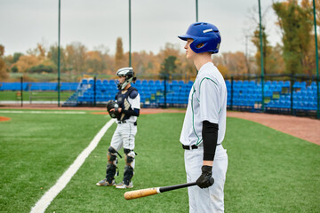 Obraz premium Two teenage boys enjoying a game of baseball on a vibrant field in autumn