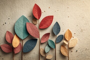 Naklejka premium Colorful textured paper leaves on stems, a minimalist artistic botanical pattern.