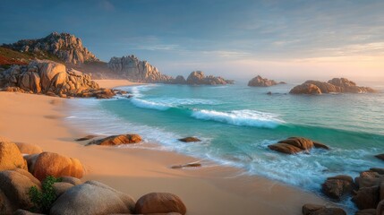 Coastal sunrise with rocky shore