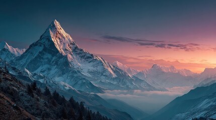 Majestic snow-capped peak at dawn