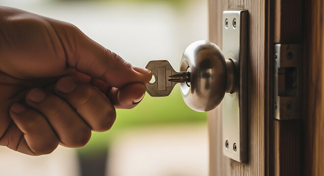 Unlocking potential opportunities: A hand turns the key to new beginnings and possibilities in