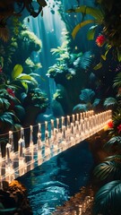 Fototapeta premium A suspension bridge spans a lush, tropical ravine with sunlight filtering through the dense foliage onto a flowing river below.