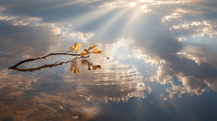 Obraz premium Tranquil lake, golden branch, sunbeams