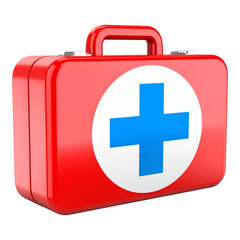 Obraz premium A red metal first-aid kit with a prominent blue cross, ready for emergencies.
