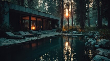 Modern concrete home by a pool in a misty forest at sunrise