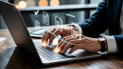 Businessman Typing on Laptop with Digital Document Optimization Icons Floating computer keyboard