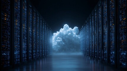 Illuminated Cloud Storage Technology with Glowing Server Racks and Binary Code in Data Center