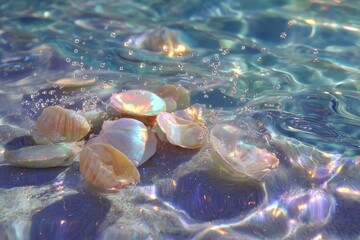 Iridescent shells shimmer under clear water, capturing sunlit sparkle.