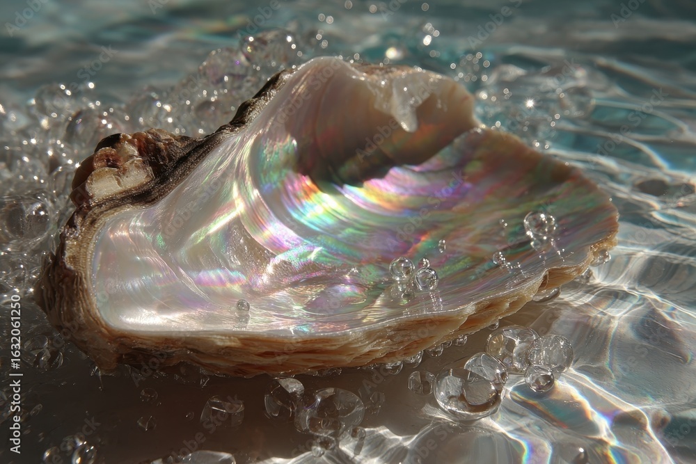 Poster iridescent abalone shell displaying vibrant colors with sparkling water bubbles.