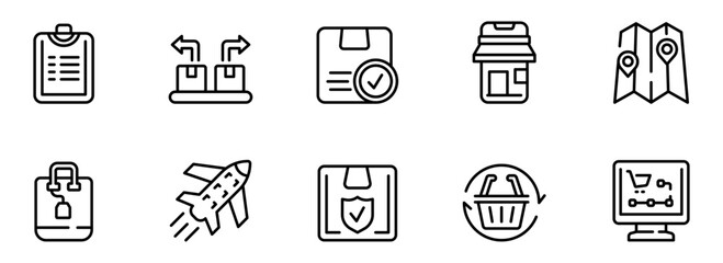 Modern Minimalist Line Icons: E-commerce, Logistics, Delivery, and Online Shopping Process Workflow.