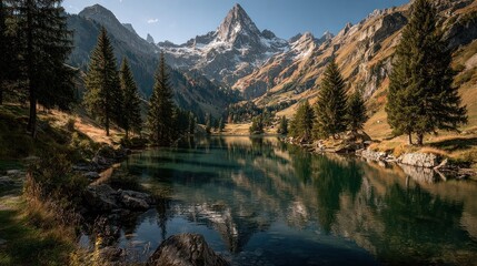 Mountain lake reflecting peaks, serene autumn landscape