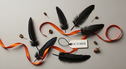 Whispers of Autumn: A Playful Arrangement of Black Feathers, Orange Ribbons, and Acorns for the Month of October







