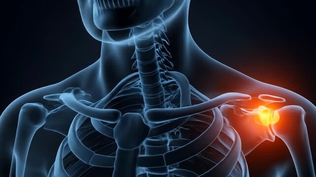 Anatomy X-ray showing shoulder pain in the background. Use Medical