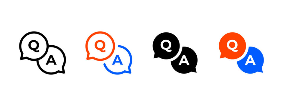 QA icon set. Overlapping speech bubbles with Q and A letters sign. Question and answer dialog symbol for support, help center and chat apps. Communication pictogram. Customer service illustration.