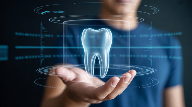 Close-up of a hand holding a bright tooth hologram with futuristic digital display dental dentistry