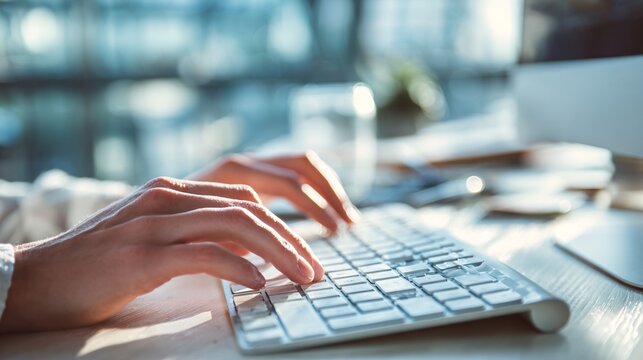 Productive Workspace: Hands Typing on Modern Wireless Keyboard in Clean Minimalist Office Environment