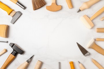 Artisan's Workshop Essentials: A curated collection of artisan tools artfully arranged, inviting a sense of craft and creativity with a focus on artistry and utility.