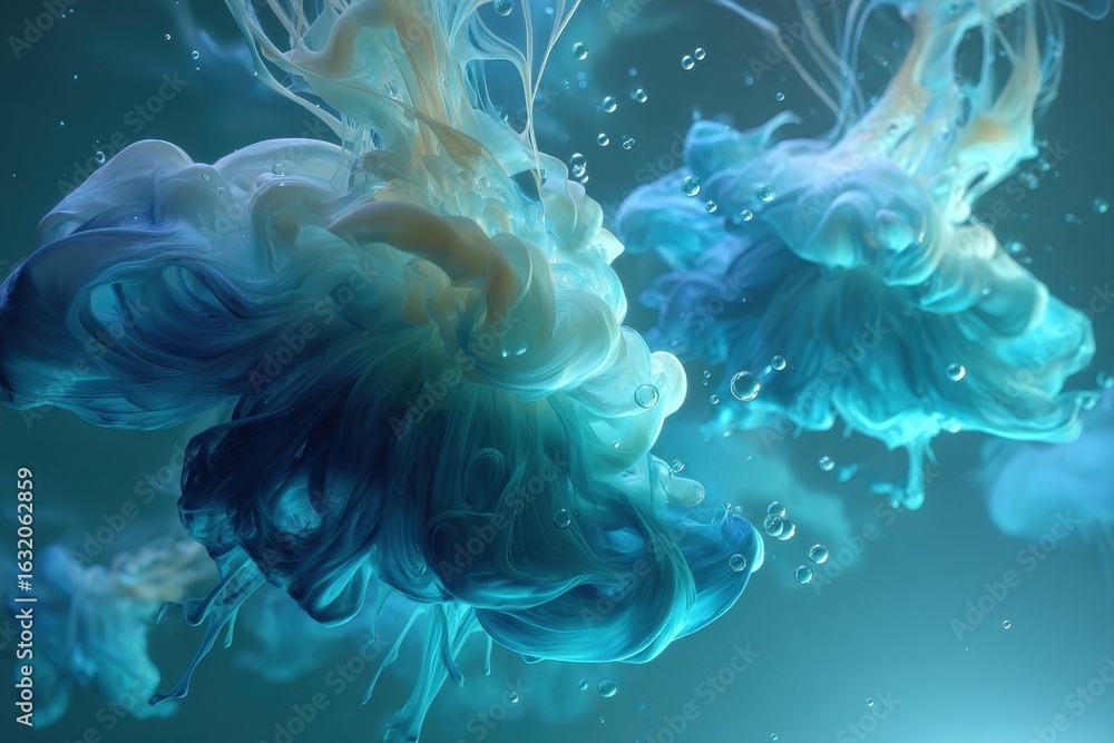 Poster dynamic abstract art with blue and teal ink swirling in liquid, creating a vibrant effect.