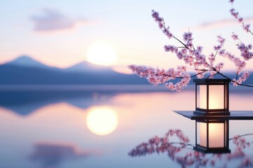 Tranquil Japanese Lantern: A serene scene of a Japanese lantern casting a warm glow, set against a backdrop of a tranquil lake and mountains.