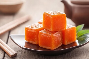 Golden Delight: A close-up of a beautifully arranged assortment of golden-hued square delicacies, possibly jelly or candied fruits, presented on a rustic wooden surface.