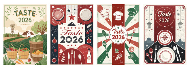 Set of four posters featuring culinary themes with vibrant retro designs