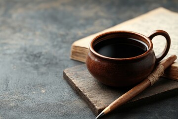 Coffee & Study Essentials: A close-up shot showcases a ceramic coffee cup alongside an antique book and a wooden pen, set against a textured surface.