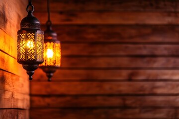 Lanterns in Golden Light: Intricate lanterns hang, casting a warm, inviting glow against a rustic wooden wall, a perfect ambiance of serenity and spiritual reflection.