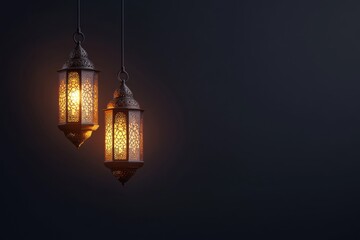 Glowing Lanterns in the Night: Two ornate, illuminated lanterns hanging in the darkness, their intricate patterns casting warm, inviting light in a minimalist setting.