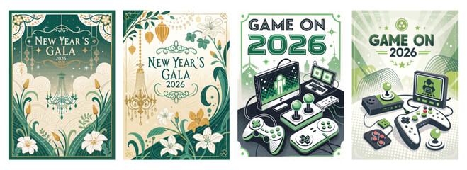 Set of four posters featuring Art Deco and retro gaming for New Year 2026