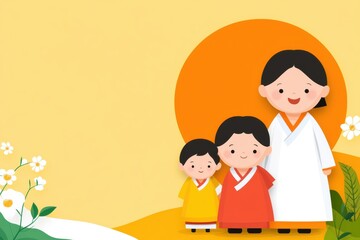 Harmony in the Family: An illustrated depiction of a mother with her two children, radiating love and unity, stands against a backdrop of a radiant sun. This visual story celebrates family connection.
