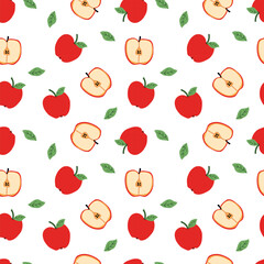 Seamless vector pattern with red apples and green leaves, whole and sliced, perfect for school themes, healthy eating designs and fruit-related products.
