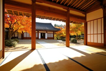Serene Japanese Garden View: The inviting architecture of a traditional Japanese residence, framed by wooden structures, opens onto a vibrant autumn scene with colorful trees.