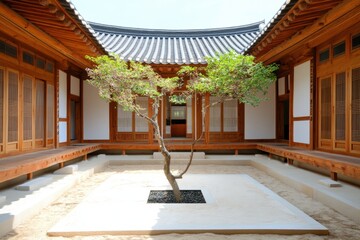 Harmony in Courtyard: A traditional Korean house embraces simplicity and beauty, its intricate architecture framing the tranquility of an inner courtyard.