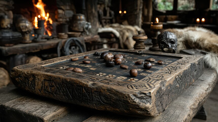 Ancient Strategy Boards: Mancala board with polished game stones