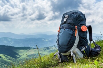 Adventure Ready: A rugged backpack stands sentinel atop a lush, verdant hilltop. Against the backdrop of a dynamic sky, the scene embodies the spirit of travel and adventure. 