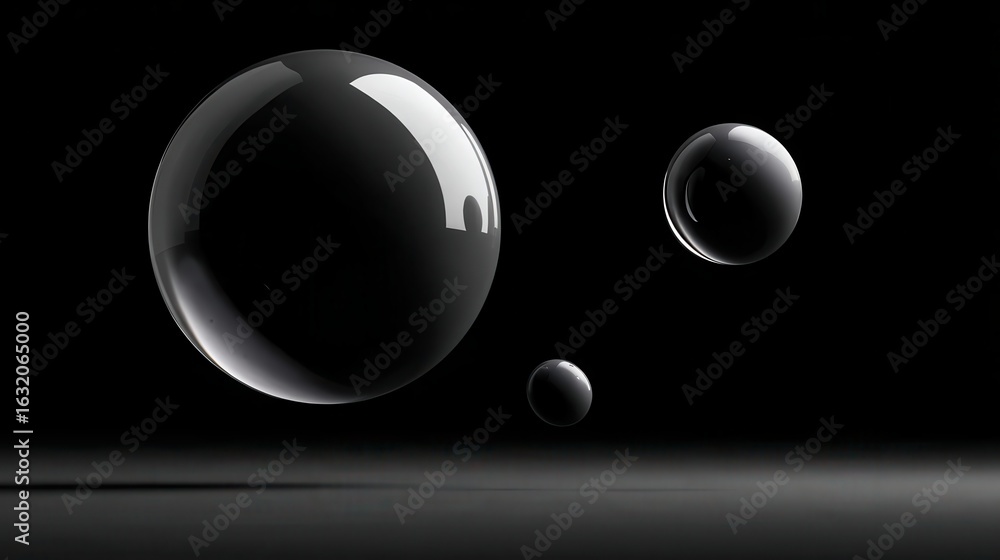 Poster spheres of light and shadow: a study in light and geometry, features a trio of elegant spheres hover