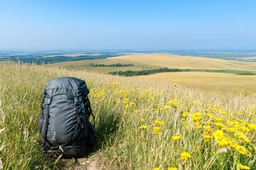 Backpack on Scenic Trail: A sturdy backpack rests on a path amidst wildflowers, offering a serene visual of nature's beauty, inviting one to embark on a journey of exploration and adventure.