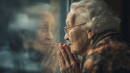 an elderly person sitting by a window, their reflection in the glass is their younger self, metaphoric storytelling, emotional depth, natural facial expression and perfect hands, hyper-realistic 