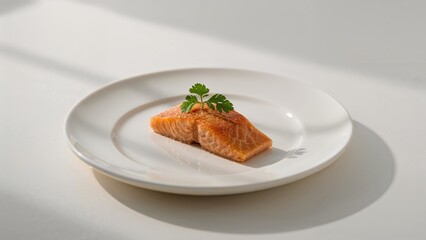 Salmon fillet on a white plate garnished with parsley in a bright and minimalist setting for healthy eating