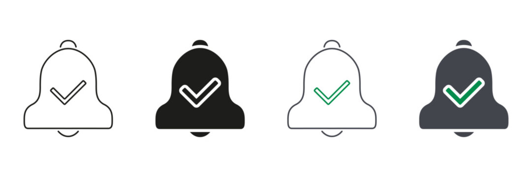 Notification Bell With Checkmark Line And Solid Icon Set. Alert Confirmation And Task Completion Symbol Collection. Reminder And Update Acknowledgment. Isolated Vector Illustration