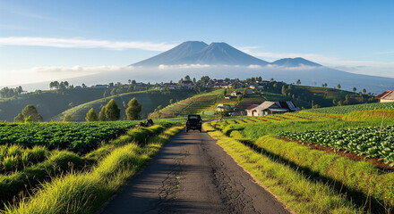 Scenic view of a road leading towards a mountain, flanked by lush green fields and houses under a clear blue sky.