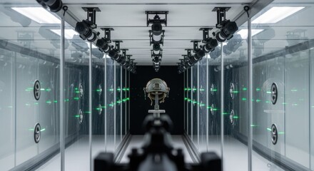 A ballistictesting tunnel lined with protective glass and highspeed sensors designed for testing military helmets against various calibers.