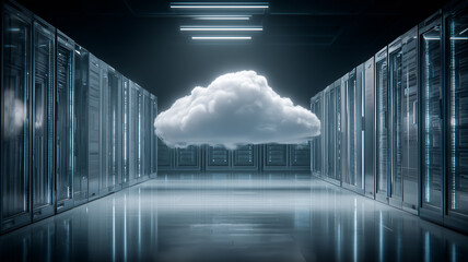 Isolated White Cloud Hovering between Mirror Finish Server Racks Inside a Secure Data Center Hall. Represents hybrid cloud computing storage virtualization and the seamless integration of on premise
