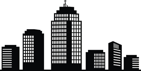 Black city skyline silhouette vector, urban architecture illustration, modern high-rise buildings design, downtown cityscape graphic, real estate development icon